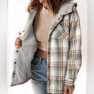 Plaid shacket jacket teddy sherpa hoodie pocket stripe gray NWT